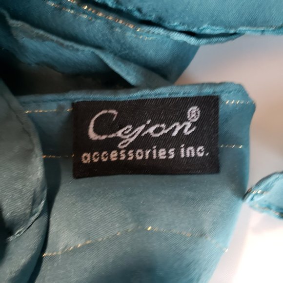 VTG Cejon Scarf, Silk, Teal, Blue, Gold Thread, Rectangular 56.5" x 13" - Picture 6 of 8